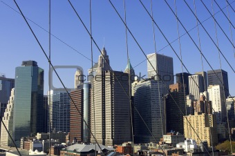 View of lower Manhattan through suspension cables