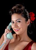 Lovely Hispanic Woman Talking on Vintage Telephone