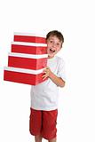 Excited child carrying gift boxes