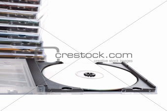 CD box open ahead of cds stack
