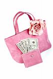 Pink handbag with money on white background
