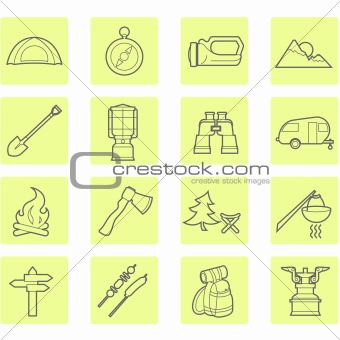 Camping equipment and outdoor travel icons set