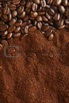 coffee beans and ground background, warm light