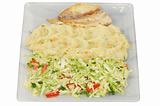 square plate with salad potato and fish