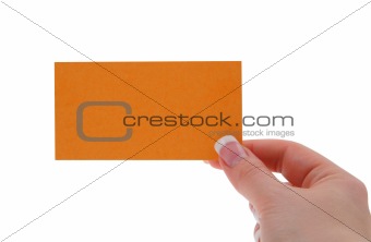 female hand holding blank business card