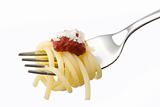 spaghetti on a fork over white background