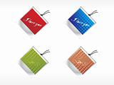 collection of tags with love note in red, blue, green, and brown