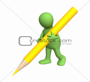 3d puppet with a pencil of yellow color