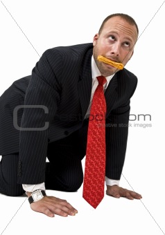 man with dog biscuit