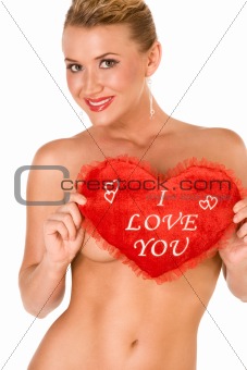 Sexy topless blond with - I love you - slogan