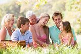 Family at a picnic smiling