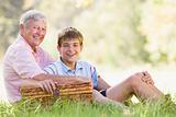 Grandfather and grandson at a picnic smiling