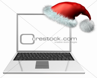 Laptop with blank screen and Christmas hat