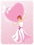 girl dancing with butterfly and heart, pink