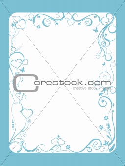 blue frame with floral and hearts on white background