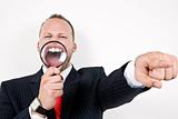 pointing man and magnifying glass