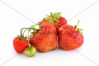 Some ripe red and one unripe strawberries