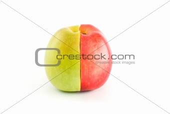 Half of red and green apples form a whole fruit