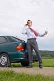 Businessman talking on cell phone beside his car