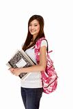 Asian student in jeans with backpack, notebooks