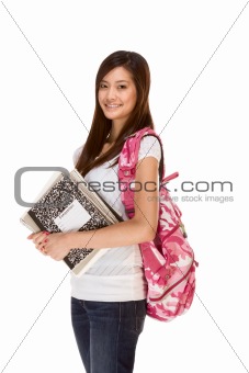 Asian student in jeans with backpack, notebooks