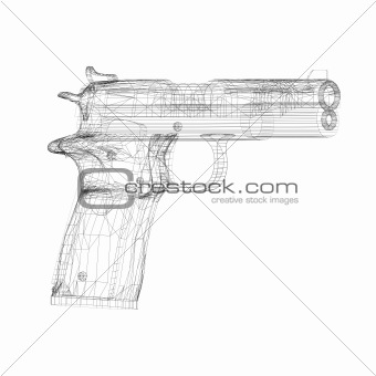 Gun in wireframe view of 3D model.