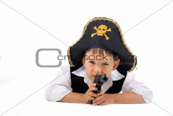 Lying pirate boy with a gun