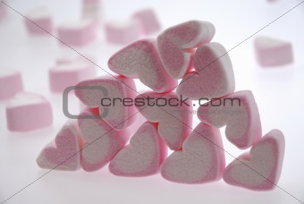 Heart shaped marshmallows in a pile