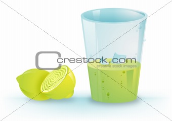 Fresh lemons, lime juice in the glossy glass