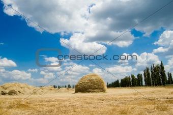 two stack of straw on a background blue sky with clouds