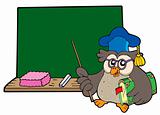 Owl teacher with book and blackboard
