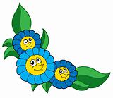 Three smiling blue flowers vector illustration