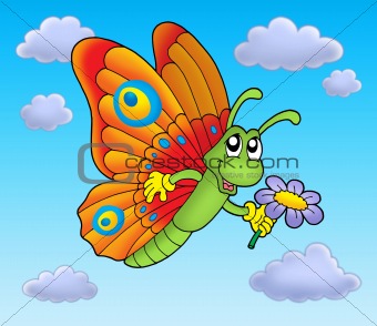 Butterfly with flower on blue sky