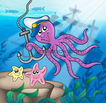 Octopus with anchor and starfishes