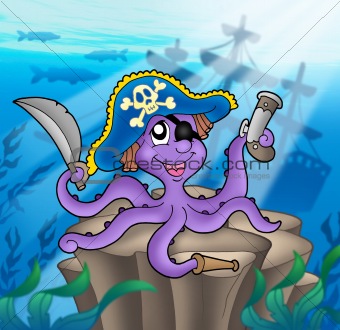 Pirate octopus with shipwreck