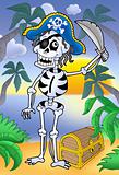Pirate skeleton with sabre and treasure chest