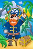 Pirate with parrot and treasure chest