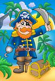 Pirate with sabre and treasure chest