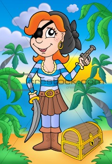 Pirate woman with pistol and treasure chest