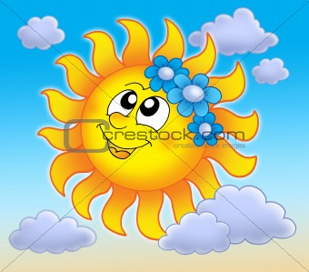 Smiling Sun with flowers on blue sky