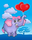 Elephant girl with heart balloons on blue sky