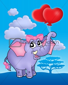 Elephant girl with heart balloons on blue sky