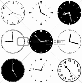 Nine Clock Faces and Hands