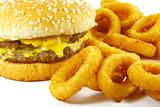 Hamburger and Onion Rings Fast Food Meal