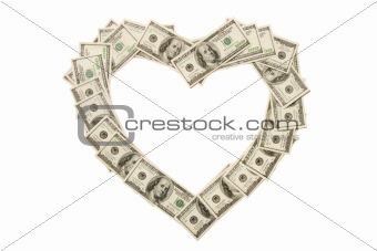 Heart made of hundred dollar banknotes isolated