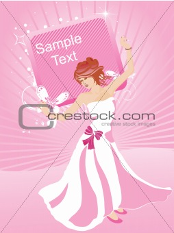 beautiful girl in a nice dress with sample text, pink wallpaper