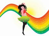 vector dancing girl and rainbow background, illustration