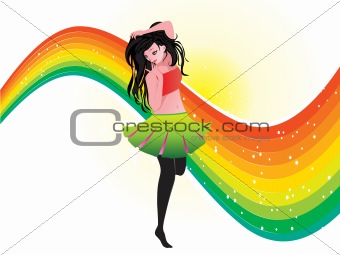 vector dancing girl and rainbow background, illustration