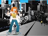 vector dancing girl on floral grunge city background_2, illustration