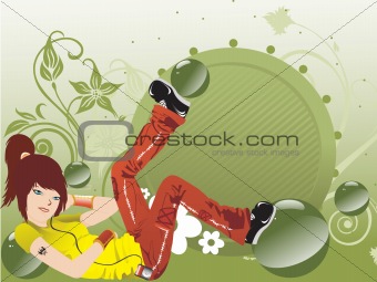 girl listening music on floral background, vector